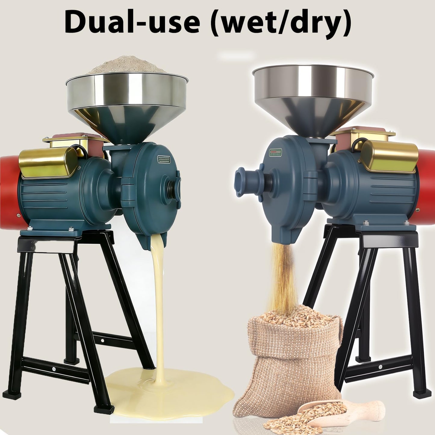 Vohala 3000W Grain Mill Grinder, Commercial Dry Wet Cereals Milling Machine with Cooling Ventilation Hood, Adjustable Thickness Stainless Steel Hopper, for Feed Flour Rice Grinding