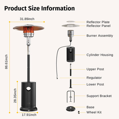 EAST OAK 55,000 BTU Propane Patio Heater with Round Table & Stainless Steel Burner, Outdoor Heater with Wheels, Ideal For Large Patios, Gardens, Outdoor Events, Commercial Use, Black