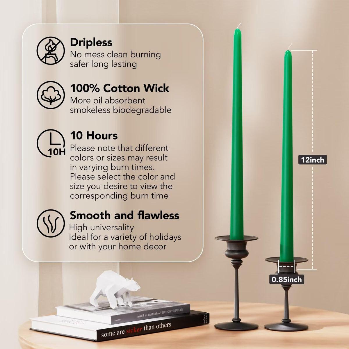 Pickood 12-Inch Tall Dripless Taper Candles Set of 4 - Emerald Tapered Candles, Perfect for Spring - Smokeless, Unscented, Long Burning - Hand Poured, Colored Tall Candlesticks - Jade