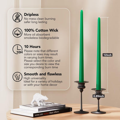 Pickood 12-Inch Tall Dripless Taper Candles Set of 4 - Emerald Tapered Candles, Perfect for Spring - Smokeless, Unscented, Long Burning - Hand Poured, Colored Tall Candlesticks - Jade
