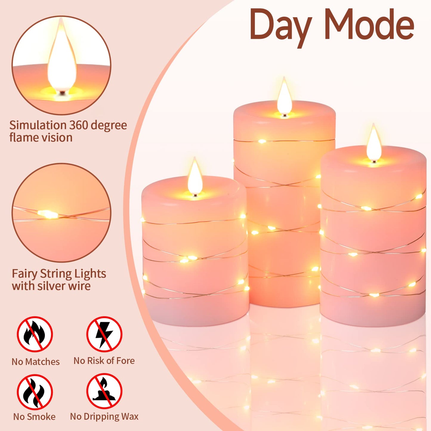 Da by 3 Pack Pink Real Wax Flameless Taper Candles, Lifelike Flickering LED Flame Candles with Surrounding Fairy String Lights, Soft Warm Battery Candles with Remote for Home Wedding Party Decor