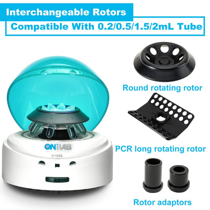ONiLAB Scientific Mini Centrifuge 5000RPM,1360 x g RCF, Lab Benchtop Centrifuge with 2 Rotors for 8 x 0.2/0.5/1.5/2.0ml and 0.2mL×32 PCR Strips, Low Noise≤45dB, 100-240V,Green lid(ONLY for MICROTUBES)