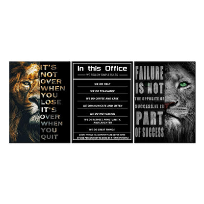 PSYYSP 3 Piece Canvas Wall Art Lion Office Values Posters, Black Motivational Triptych Wall Decor for Office, Bedroom, Dorm, Business Workspace, Framed Canvas 36x16inch