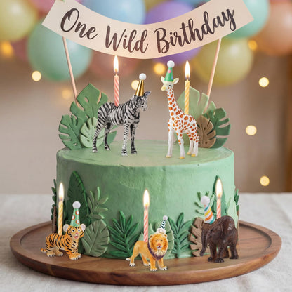 BrightRow 5 Pcs Safari Jungle Animal Cake Candle Holders Resin Animals Figures Cake Topper Birthday Party Decor Giraffe Lion Elephant Zebra Tiger Candle Stands for Wild Animals Themed Party Decor