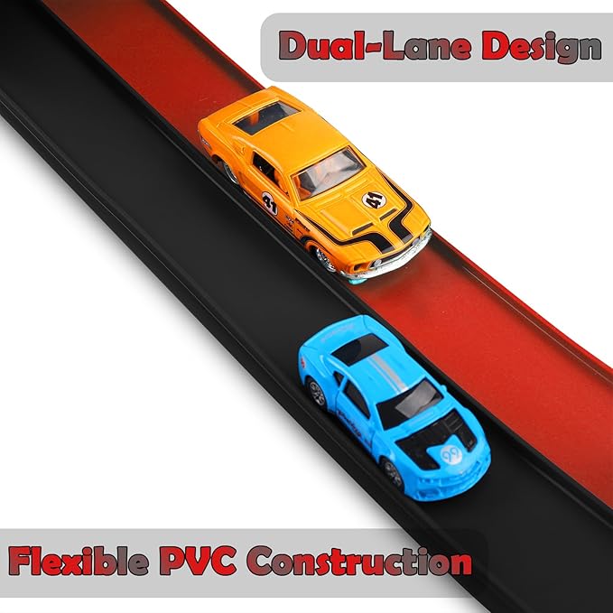 Flexible Race Track 15 Ft Starter Set Flex Tracks for Kids 3+ with Strong Suction Cups Flexible Car Race Ramp Track Compatible with Hot Wheels and Diecast 1/64 Cars Portable Rolls Up Race Tracks