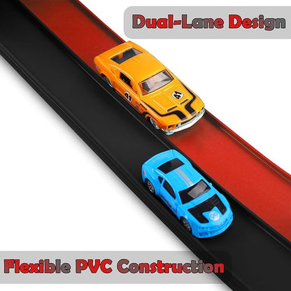 Flexible Race Track 15 Ft Starter Set Flex Tracks for Kids 3+ with Strong Suction Cups Flexible Car Race Ramp Track Compatible with Hot Wheels and Diecast 1/64 Cars Portable Rolls Up Race Tracks