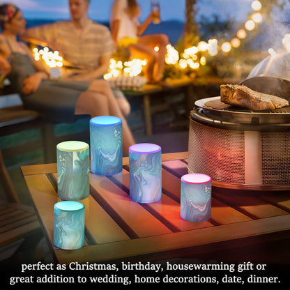 Qilmy Flameless Candles 2PCS,Abstract Ocean Marble Battery Operated LED Pillar Candles with Remote Control, Radiance Candles