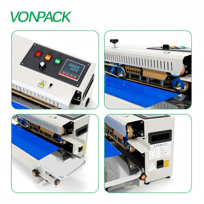 VONPACK FR-900 Automatic Continuous Band Sealing Machine, 220V Bag Sealer Industrial Factory Kitchen Packing Machine Heat Sealing Adjustable Intelligent Temperature Control for Plastic Bag Food Film