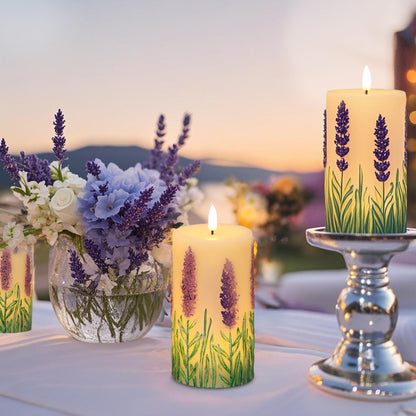 DRomance Lavender Flameless Candles Battery Operated with 6 Hour Timer 3D Wick Flickering LED Pillar Candles Real Wax Hand-Painted Dinner Christmas Holiday Decor(2 Pack, 3" D x 6.5" H)