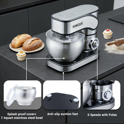 Newiceaid Stainless Steel Stand Mixer, 6-Speed Tilt-Head Mixer with 700W Powerful Motor, 7.4QT Large Capacity Bowl, Electric Kitchen Mixer with Dough Hook, Beater, Whisk for Baking & Dough Making