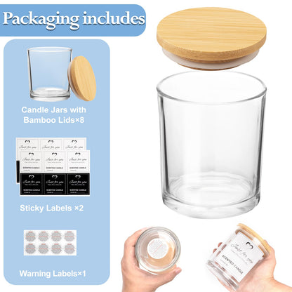 CONNOO 8 Pack 14 OZ Clear Glass Candle Jars with Bamboo Lids for Making Candles, Large Size Empty Candle Tins with Sticky Labels - Leakproof & Dishwasher Safe.