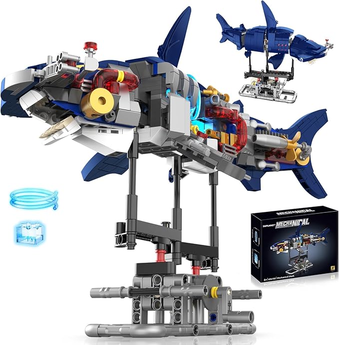 Mechanical Shark Building Set with Lights Rotatable Link Components &amp Display Stand STEM Building Set for Boys 8-14 Home Office Decor for Adults Mechanical Enthusiasts（631PCS）
