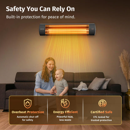 EAST OAK Electric Patio Heater | 1500W Wall Mounted Infrared Heater for Outdoor, Garage, Backyard, Restaurant | 24H Timer, IP65 Waterproof | 3 Heat Levels & Overheating Protection | Black