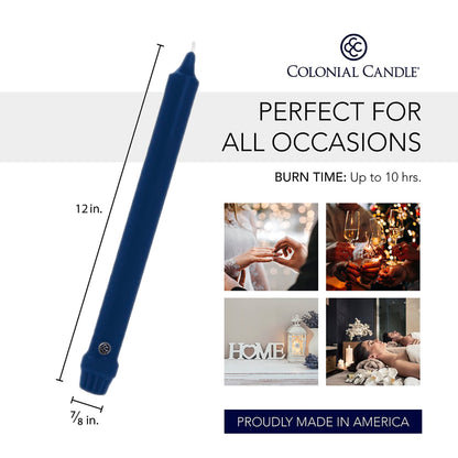 Colonial Candle Unscented Taper Candle, Classic Collection, Indigo, 12 In, Pack of 12 - Up to 10 Hours Burn