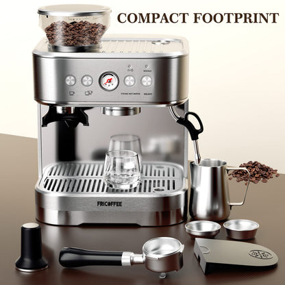 Fricoffee Espresso Machine with Grinder Espresso Maker Stainless Steel with Milk Frother Cappuccino Machine Semi Automatic Espresso Machine