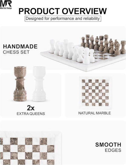 Marble Chess Set for Adults 12 Handmade White &amp Oceanic Board Game with 32 Chess Pieces 2 Extra Queens &amp Storage Box Luxury Travel Game Elegant for Home Decor