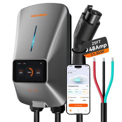 WOLFBOX Level 2 EV Charger 48 Amp - Smart Display, RFID Card, 25ft Cable, Outdoor/Indoor, Hardwired EV Charger Level 2, WiFi Enabled Electric Car Chargeing, 240V Electric Vehicle Charging Stations