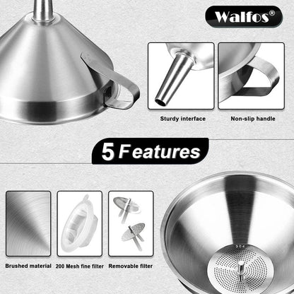 Walfos 3Pcs Kitchen Funnel with 2 Removable Strainer ＆ 1 Cleaning Brush & 1Pc 200 Mesh Food Filter Strainer, Food Grade Stainless Steel Funnel for Transferring of Liquid, Oils, Jam, Dry Ingredients