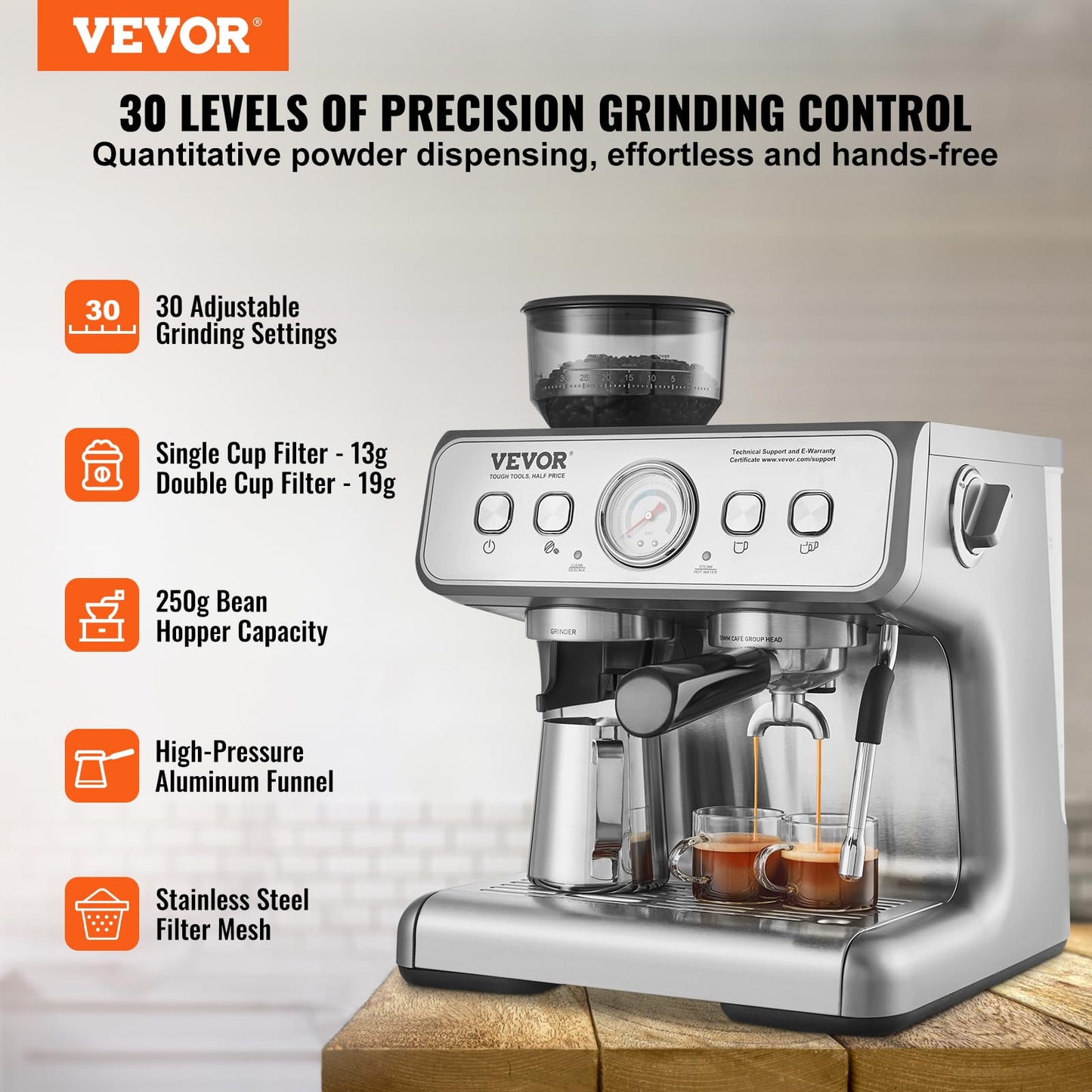 VEVOR Espresso Machine Built-in Grinder, 15 Bar Semi-Automatic Espresso Coffee Maker with Milk Frother Steam Wand, PID Control System for Cappuccino, Latte, Machiato