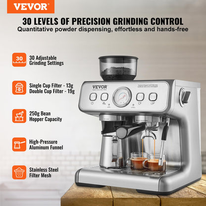 VEVOR Espresso Machine Built-in Grinder, 15 Bar Semi-Automatic Espresso Coffee Maker with Milk Frother Steam Wand, PID Control System for Cappuccino, Latte, Machiato
