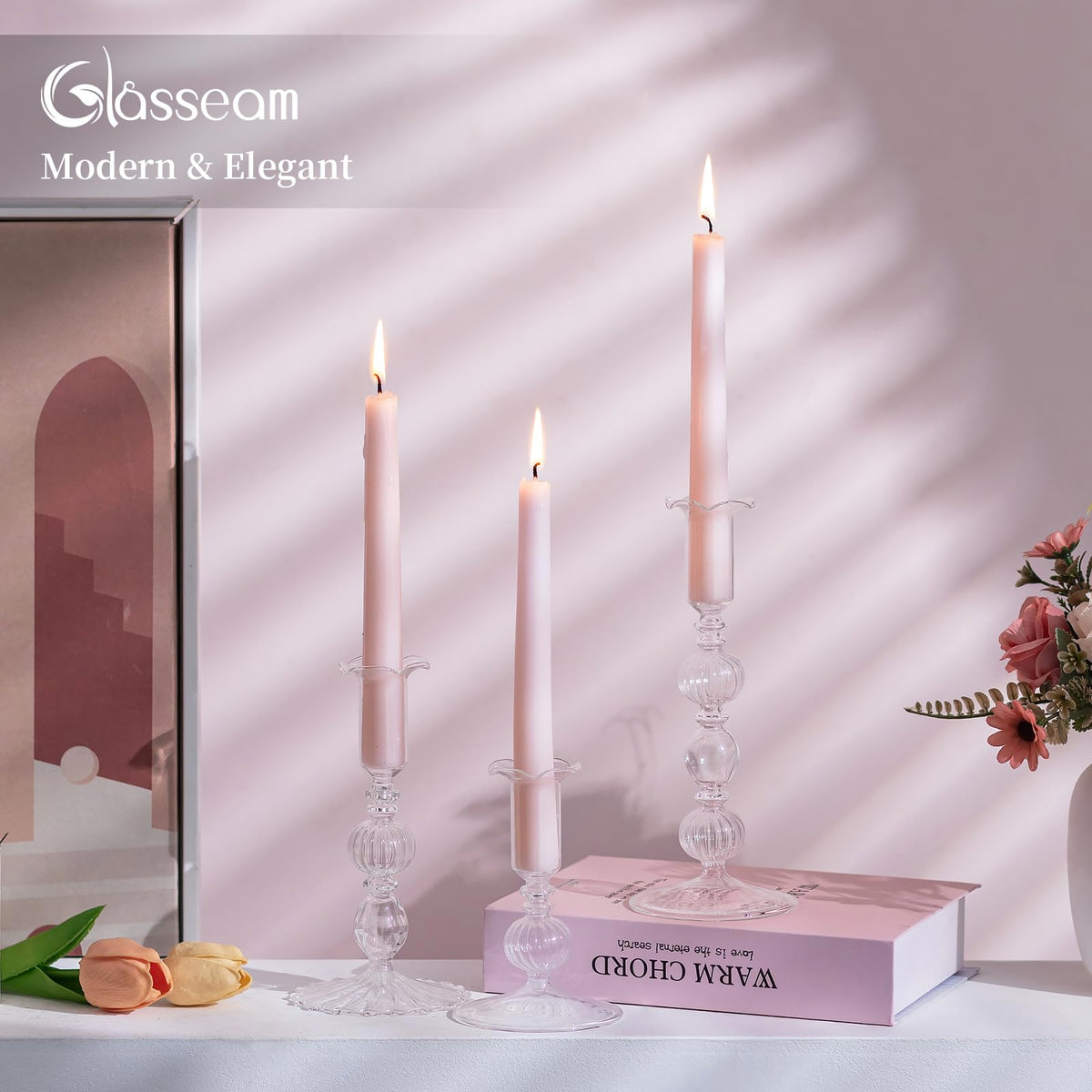 Glasseam Glass Tapered Candlestick Holders: Set of 3 Clear Candle Sticks Holder Decor with Bobeche Modern Ribbed Taper Candle Holders for Table Centerpiece Christmas Wedding Home Decorations