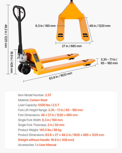 VEVOR Pallet Jack, 5500 lbs Load Capacity, Manual Pallet Truck with 48L x 27W Inch Forks for Material Handling, 3.35-7.1 Inch Fork Lift Height Range, Suitable for Warehouse, Supermarket, Manufacturing