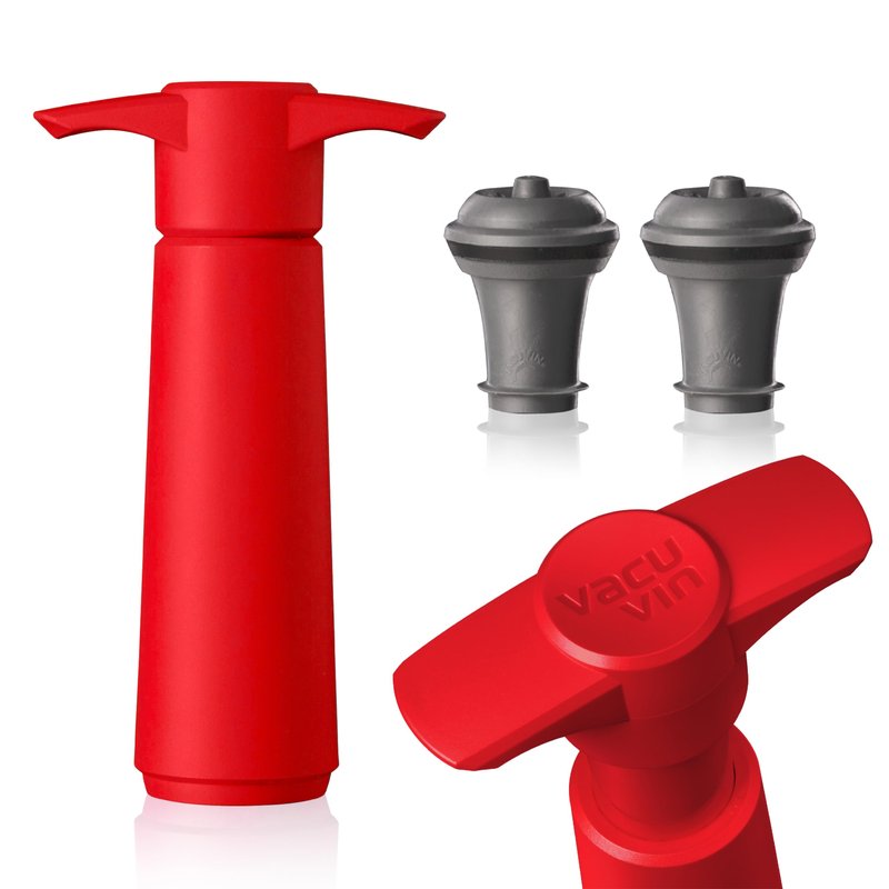 Vacu Vin Wine Saver Pump Red with Vacuum Wine Stopper - Keep Your Wine Fresh for up to 10 Days - 1 Pump 2 Stoppers - Reusable - Made in the Netherlands