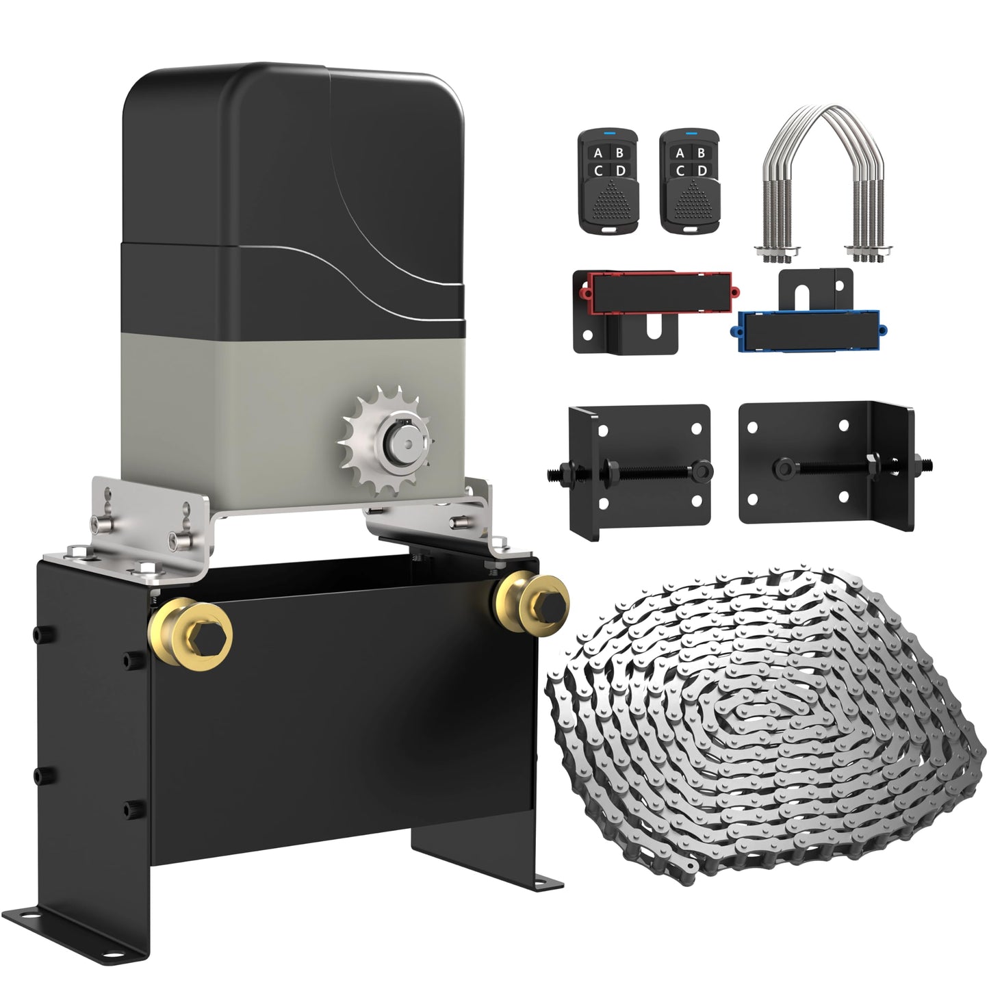 Blütezeit 1100lb Sliding Gate Opener with Infrared Safety Sensor| Chain Drive Motor with 2 Remotes & 16.4ft Chains, Safety IR Beam