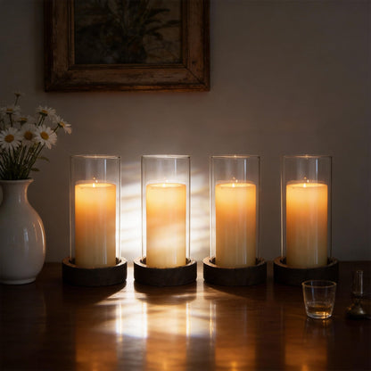 Ronasip Set of 4 Hurricane Candle Holders - 4.6x7.8 Inch Rustic Wooden Base with Glass Cylinder, Brown Pillar Candle Holders for Wedding Centerpieces, Home Decor, Table & Mantel Decorations