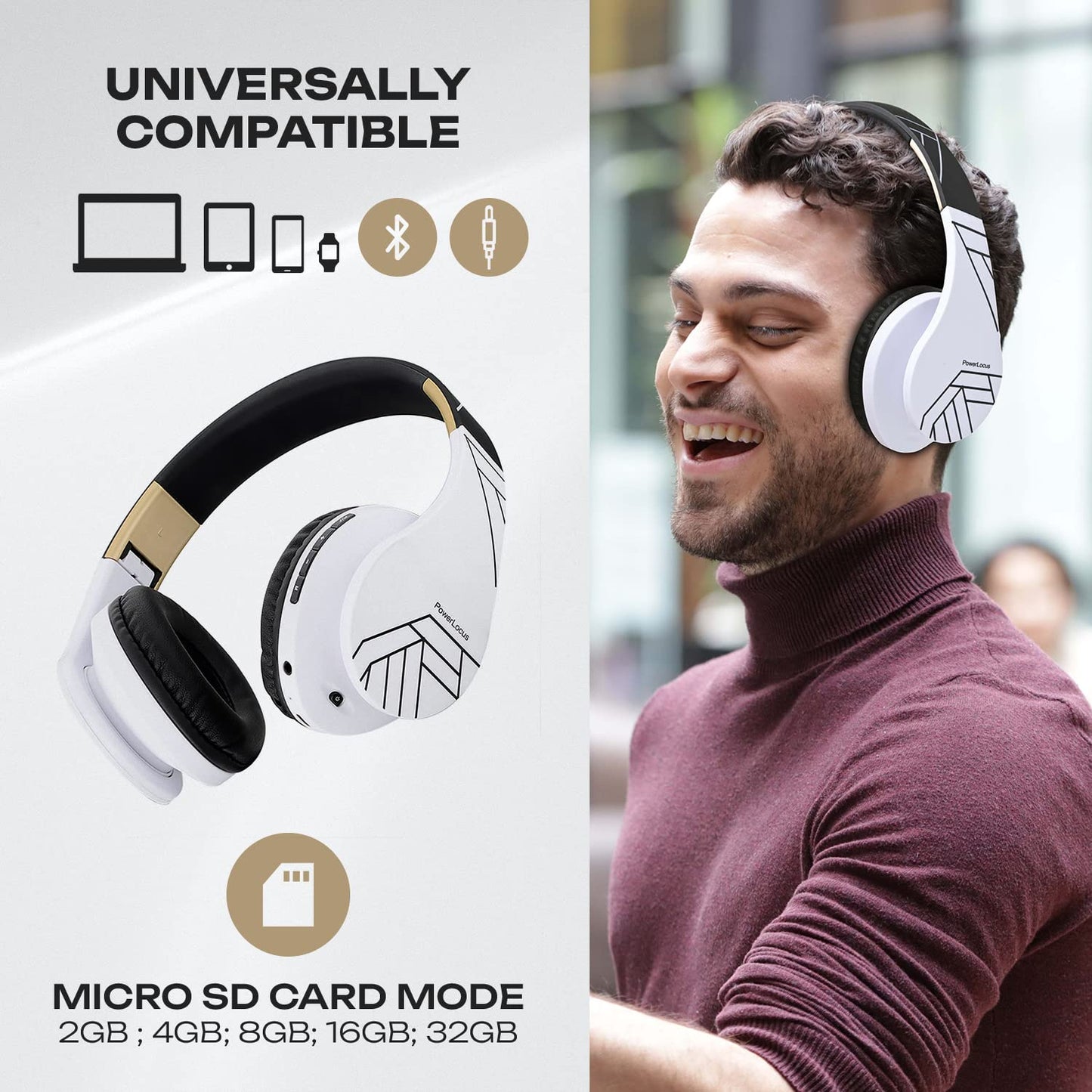 PowerLocus Bluetooth Over-Ear Headphones, Wireless Stereo Foldable Headphones Wireless and Wired Headsets with Built-in Mic, Micro SD/TF, FM for iPhone/Samsung/iPad/PC (Black/White)