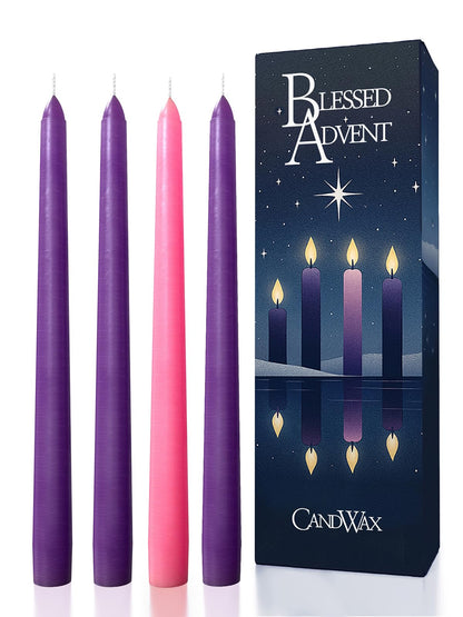 CANDWAX 10 Inch Advent Taper Candles Set of 4 - Long Burning Dripless Unscented Tapers - Perfect for Advent Wreaths, Christmas Décor - 3 Purple Tapers, 1 Pink Tapered Candle