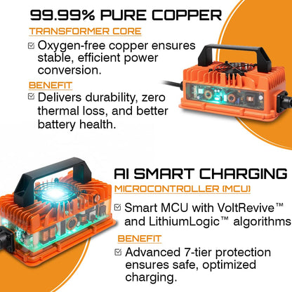 LithiumLogic™ 12V 30A LiFePO4 Charger with SB50 Anderson Plug, Accessory Wires & Temp Sensor; IP67 Waterproof with VoltRevive™ Recovery for carts, Boats, ATVs, Pallet Jacks, forklifts & scrubbers