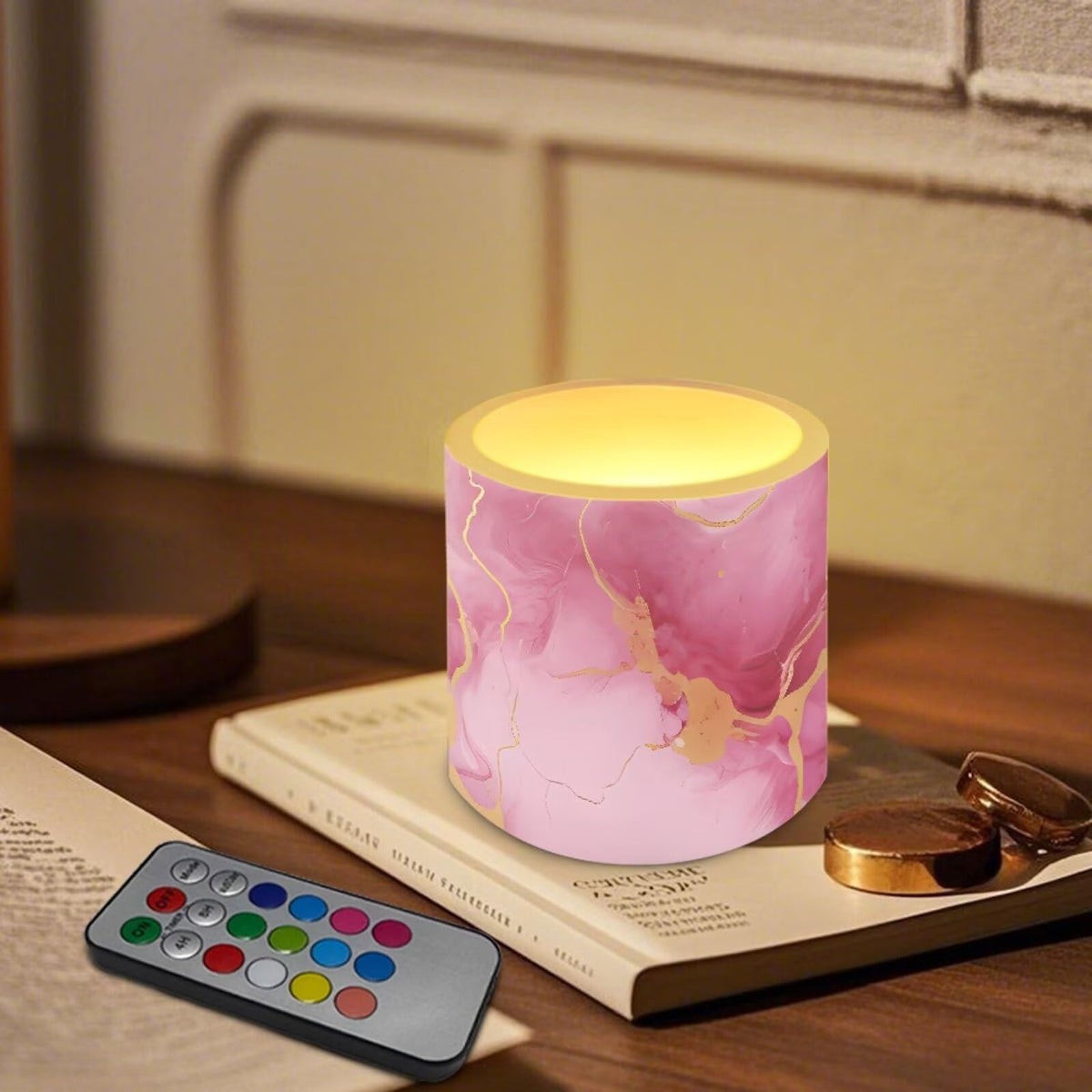 Cozeyat Pink Marble LED Candles Set of 4 Battery Powered Flameless with Remote Timer Flickering Flame Waterproof for Home Patio Table Decor