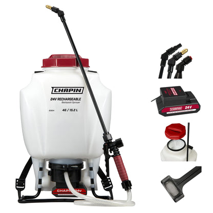 Chapin 63924 4-Gallon 24V Extended Spray Battery Backpack Sprayer, with Adjustable Brass Nozzle, 1-Pack, Translucent White