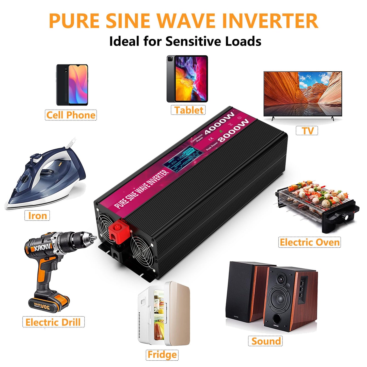 4000W Pure Sine Wave Power Inverter 12V DC to 110V/120V AC, 8000W Peak with Remote Control, 4 AC Outlets, Dual USB, LED Display, Heavy Duty Converter for RV, Truck, Solar System, Off-Grid & Emergency