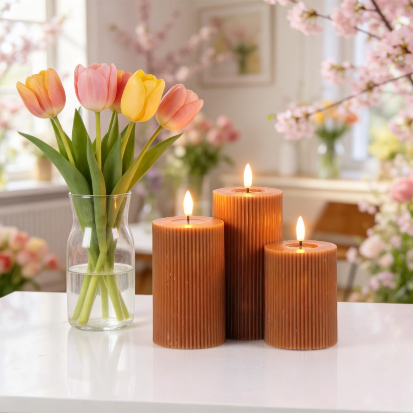 DRomance Battery Operated Flameless Candles with 6 Hour Timer 3 Pack Real Wax Vertical Stripe 3D Wick Flickering LED Pillar Candles Dinner Wedding Christmas Holiday Decor(Brown, 3" D x 5", 6", 7" H)