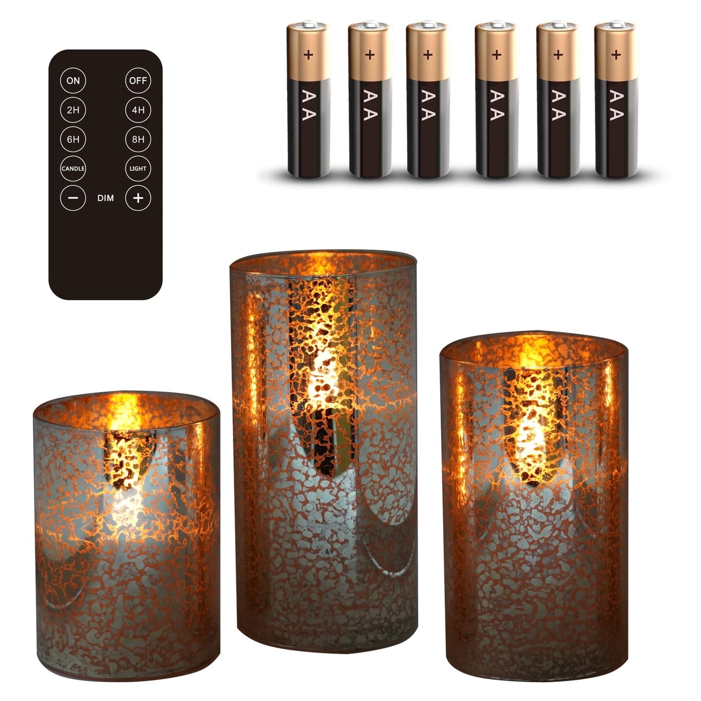 Silver Mercury Crackle Glass Flameless LED Pillar Candles Set of 3 – Warm White Flicker, Remote & Timer, Batteries Included, for Mother's Day, Spring Weddings, Home Decor & Romantic Ambiance