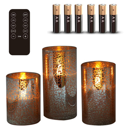 Silver Mercury Crackle Glass Flameless LED Pillar Candles Set of 3 – Warm White Flicker, Remote & Timer, Batteries Included, for Mother's Day, Spring Weddings, Home Decor & Romantic Ambiance