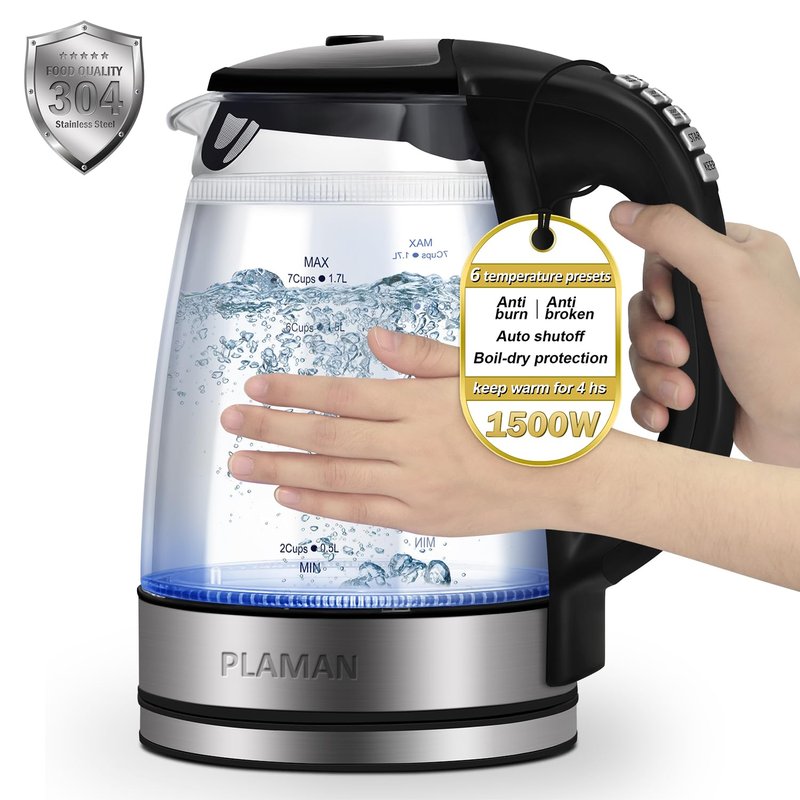 1500W Electric Kettle with Temperature Control - 6-Temp Presets for Tea/Coffee, Double Wall Cool-Touch, 4H Keep Warm, 1.7L Borosilicate Glass & BPA-Free, Fast Boil for Home/Office