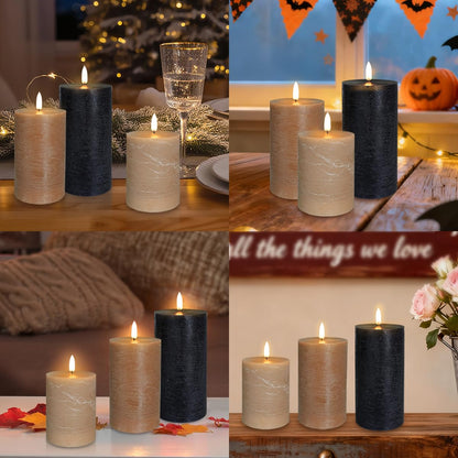 LEDHOLYT Rechargeable Flameless LED Pillar Candles–Luminous Real Wax Indoor Home Decor–Set of 3, Realistic Flickering LED Flame,Remote & Timer, USB-Rechargeable（Caramel Beige）