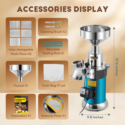 CGOLDENWALL Hammer Mill Grinder, 2000W Commercial Electric Herb Grinder, 44 Lbs/H, Continuous Feeding, with Funnel & 6 Sieve Meshes, Pulverizer for Dry Herb Grain Spice Nutmeg,110V