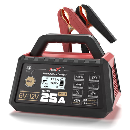 TowerTop 25A Pro+ Battery Charger, 6V/12V Car Battery Charger Fully Automatic Smart Battery Maintainer with Engine Start, Auto Desulfator, Battery Repair, for All Lead-Acid, AGM and LiFePO4 Batteries
