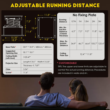CGOLDENWALL 39" Ultra-Thin Hidden Projector Lift Motorized Projector Mount Adjustable, 44lbs Max Load, Remote Control, 18.9 * 18.9" Baseplate Customizable (Running Distance: 100cm/ 39.37")