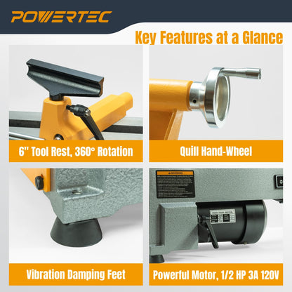 POWERTEC 10" x 18" Benchtop Mini Wood Lathe – 1/2HP, 5-Speed Cast Iron Lathe with MT2 Taper for Turning Pens, Bowls, Spindles, and DIY Wood Projects (LT1018)