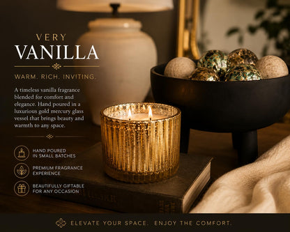 Vanilla Scented Candle, 12 oz Triple Wick in Gold Mercury Glass Jar, Warm Vanilla Fragrance, Decorative Home Candle, Reusable Luxury Glass Container, Luxury Breeze