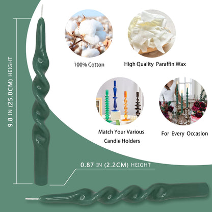 10 Inch Spiral Candles Set of 4, Deep Green Taper Candles, Handmade Twisted Candles, Unscented Candle Sticks for Summer Wedding Dinner Decor