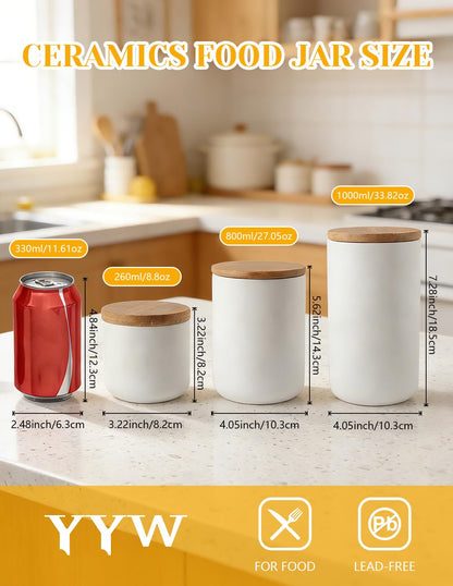 Ceramics Food Storage Jar Canister with Airtight Seal Bamboo Lid, Simple Style Kitchen Canister for Food Storage, Store Coffee, Sugar, Tea, Spices and More (White (8.79oz/260ml))