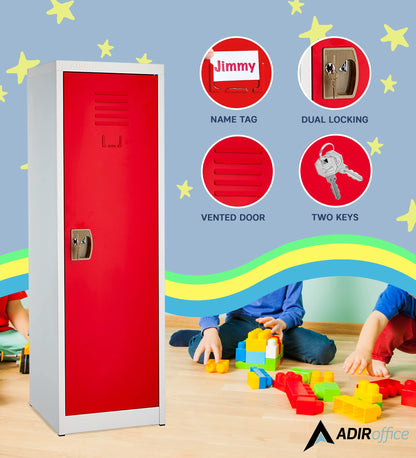 AdirOffice Kids Steel Metal Storage Locker - for Home & School - with Key & Hanging Rods (48 in 1 Door, Red)