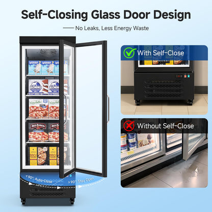 BODEGACOOLER Commercial Freezer Upright, 1 Door Standing Display Freezer With Glass Door, 18 Cu.Ft Large Capacity, -15℉-5℉ Temperature Range, Auto Defrost, For Ice Cream, Frozen Foods