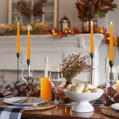 Orange Flameless Taper Candles, 9.6" Halloween Battery Operated Candles with Two Remote, Real Wax Fall Led Candlesticks, Flickering Flameless Candle for Fall, Thanksgiving, Harvest, Halloween, 6 Pack